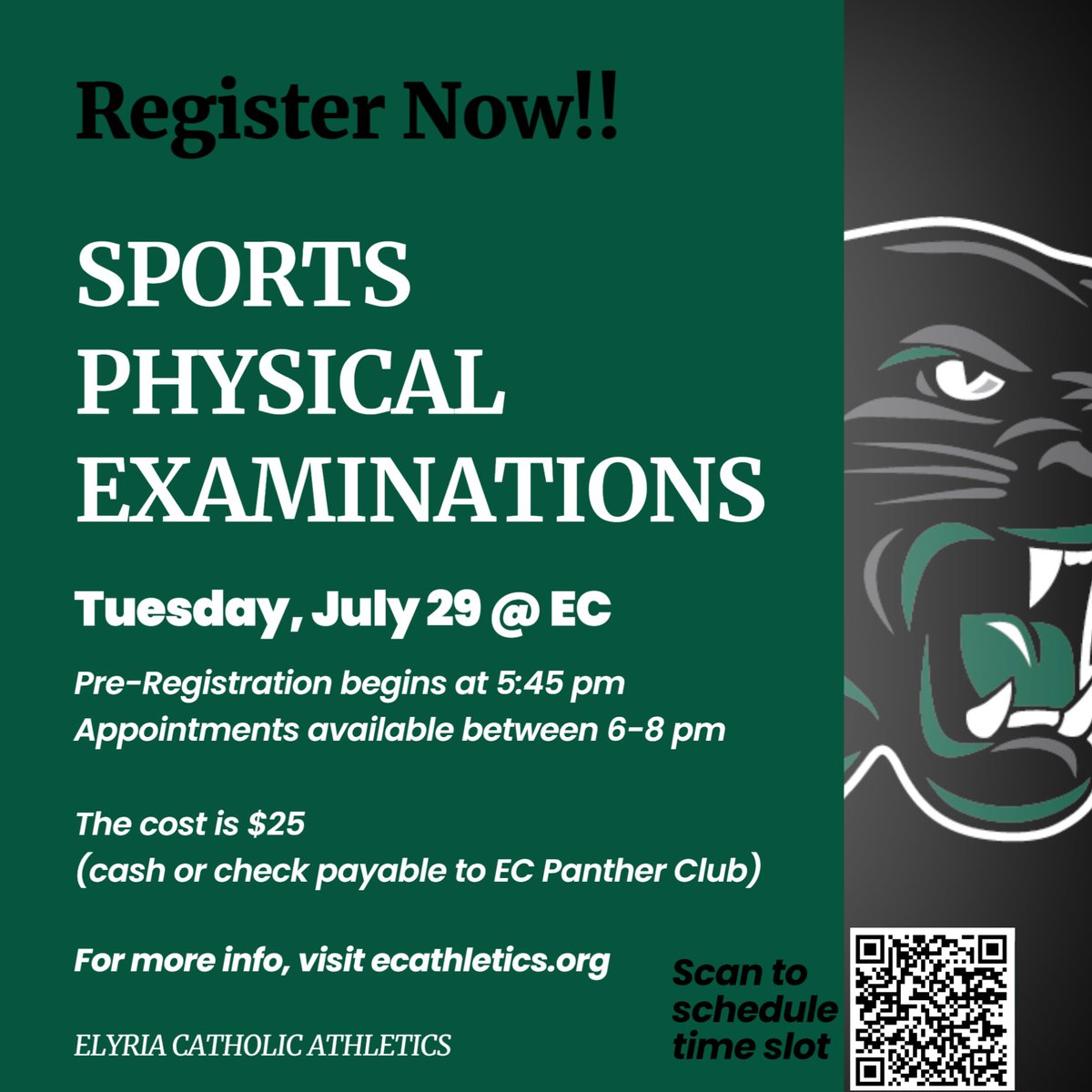 📅 Sports Physicals Day is July 29!
Don't miss your chance to get ready for the season.

✅ Appointments still available — reserve your spot today!
👉 Sign up now at elyriacatholic.com or scan the QR code.