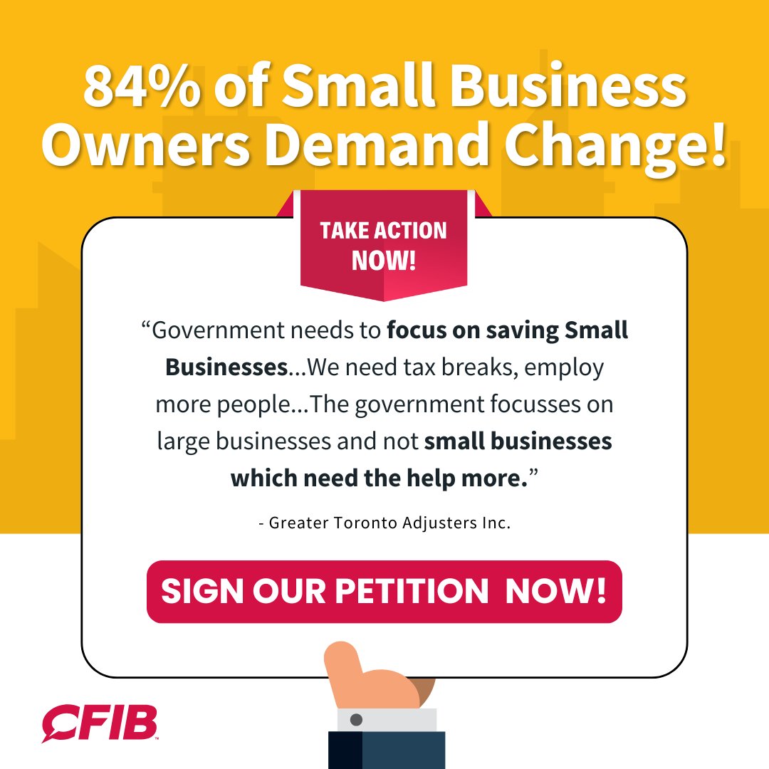 CFIBNews's tweet image. 📢 “Government needs to focus on saving small businesses”!
Ontario’s small biz owners are sounding the alarm. High taxes and outdated thresholds are holding them back from hiring, growing, and reinvesting in their communities. It’s time for action❗
Sign the petition today 👉…