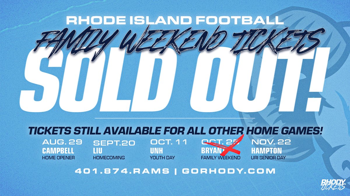 Single Game tickets for <a href="/Rhodyfootball/">Rhody Football</a> are 𝙊𝙉 𝙎𝘼𝙇𝙀 𝙉𝙊𝙒!

❌𝐅𝐚𝐦𝐢𝐥𝐲 𝐖𝐞𝐞𝐤𝐞𝐧𝐝 𝐢𝐬 𝐒𝐎𝐋𝐃 𝐎𝐔𝐓.❌

Secure your seats TODAY for all other home games and expect multiple sellouts at Meade Stadium 𝘢𝘨𝘢𝘪𝘯 this season! #GoRhody🐏🏈

🎟️:bit.ly/4eFtjTu