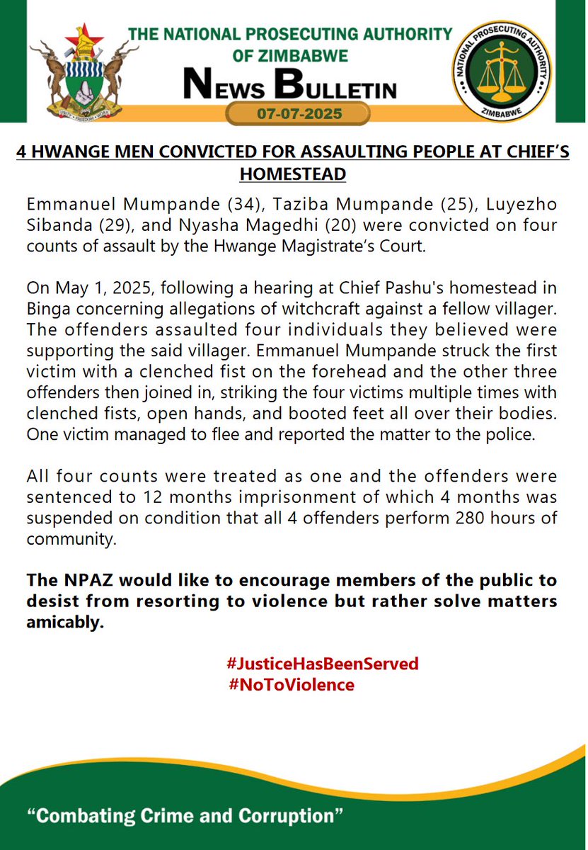 National Prosecuting Authority of Zimbabwe (@npazim) on Twitter photo 4 Men Convicted of Assaulting People at Chief’s Homestead
#CombatingCrimeAndCorruption
<a href="/gwasbuz/">george swarei</a> <a href="/breezefmstereo/">Breeze FM Victoria Falls</a> <a href="/ChronicleZim/">The Chronicle</a> <a href="/SkyzMetroFM/">Skyz Metro FM</a> <a href="/SundayNewsZimba/">Sunday News</a> <a href="/khulumanifm95/">Khulumanifm Radio</a> <a href="/crimewatchzw/">Crime Watch Zimbabwe</a> <a href="/yafmzim/">YAFM</a> <a href="/HMetro_/">H-Metro</a> <a href="/StarFMNews/">Star FM News</a> <a href="/DiamondFMZim/">Diamond Fm Zim News</a> <a href="/GreatDykeNews/">Great Dyke News Online</a> <a href="/enkudheni/">Padare-Enkundleni</a> <a href="/MUSASAZIM/">MUSASA</a> <a href="/3KtvZim/">3Ktv</a> 4 Men Convicted of Assaulting People at Chief’s Homestead
#CombatingCrimeAndCorruption
<a href="/gwasbuz/">george swarei</a> <a href="/breezefmstereo/">Breeze FM Victoria Falls</a> <a href="/ChronicleZim/">The Chronicle</a> <a href="/SkyzMetroFM/">Skyz Metro FM</a> <a href="/SundayNewsZimba/">Sunday News</a> <a href="/khulumanifm95/">Khulumanifm Radio</a> <a href="/crimewatchzw/">Crime Watch Zimbabwe</a> <a href="/yafmzim/">YAFM</a> <a href="/HMetro_/">H-Metro</a> <a href="/StarFMNews/">Star FM News</a> <a href="/DiamondFMZim/">Diamond Fm Zim News</a> <a href="/GreatDykeNews/">Great Dyke News Online</a> <a href="/enkudheni/">Padare-Enkundleni</a> <a href="/MUSASAZIM/">MUSASA</a> <a href="/3KtvZim/">3Ktv</a>