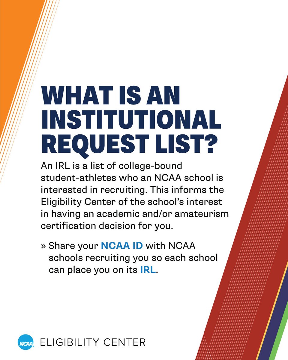ncaaec's tweet image. An IRL informs the @ncaaec of an @NCAA school’s interest in having an academic and/or amateurism certification decision for you.
🔗 on.ncaa.com/irl