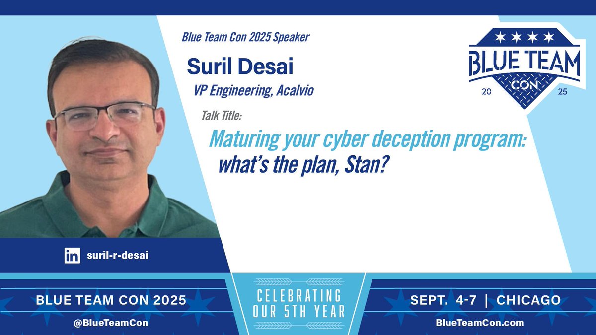 🚨Blue Team Con 2025 Talk Alert🚨

Talk Title: Maturing your cyber deception program: what’s the plan, Stan? 

Presented by: Suril Desai 

See abstract: blueteamcon.com/directory/matu…