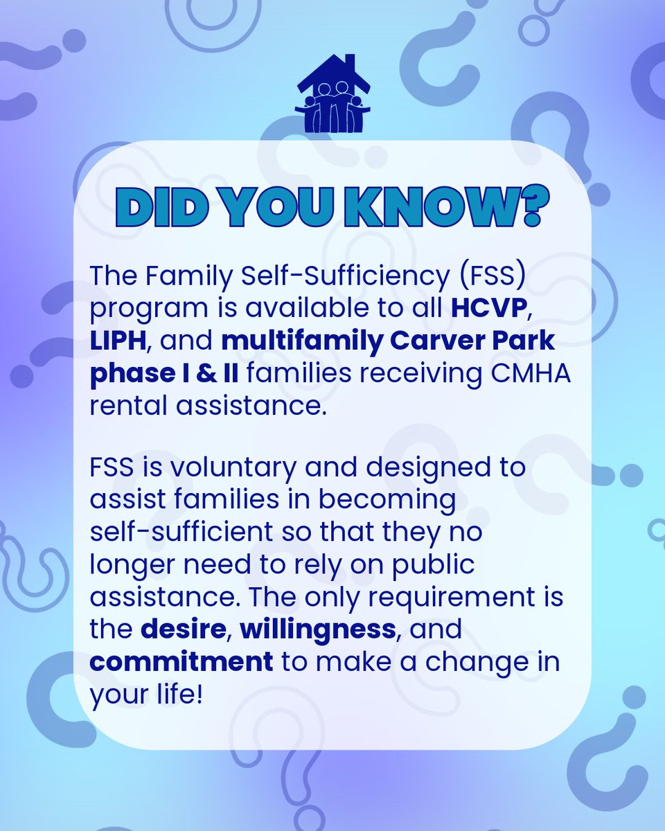 Are you receiving CMHA rental assistance? You may be eligible to participate in the Family Self-Sufficiency (FSS) program! This free program will link you to supportive programs and more! Apply today at cuyahoga.rja.revize.com/forms/9377. For more information call 216.271.2735