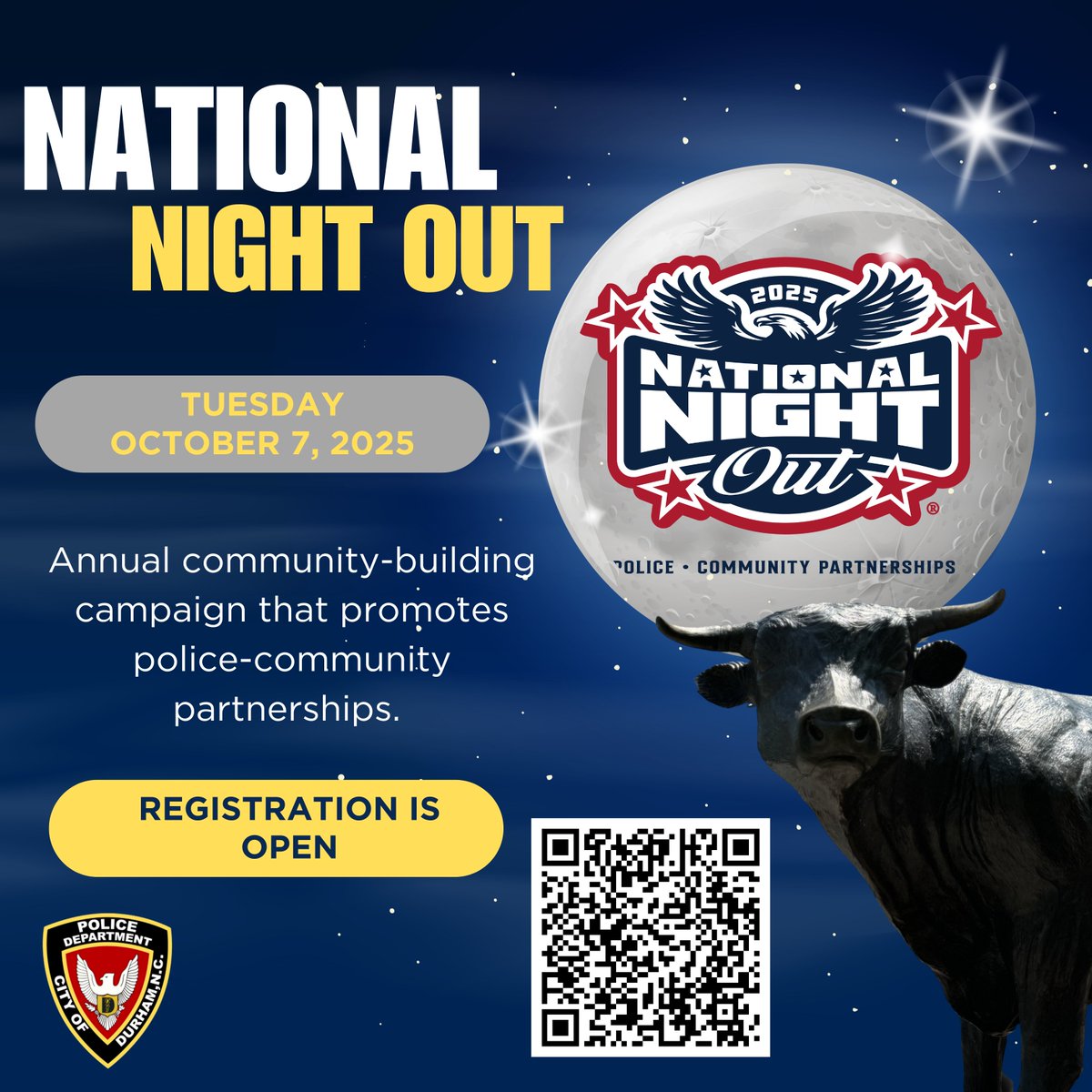 TheDurhamPolice's tweet image. 📣 Registration is OPEN for National Night Out 2025!
The City of Durham will celebrate on Tuesday, Oct. 7, 2025.
📍Host a neighborhood event & join the movement for safer, connected communities!
🔗 Sign up: tinyurl.com/4mfbb8ev
#DurhamNNO #NNO2025 #DurhamNC