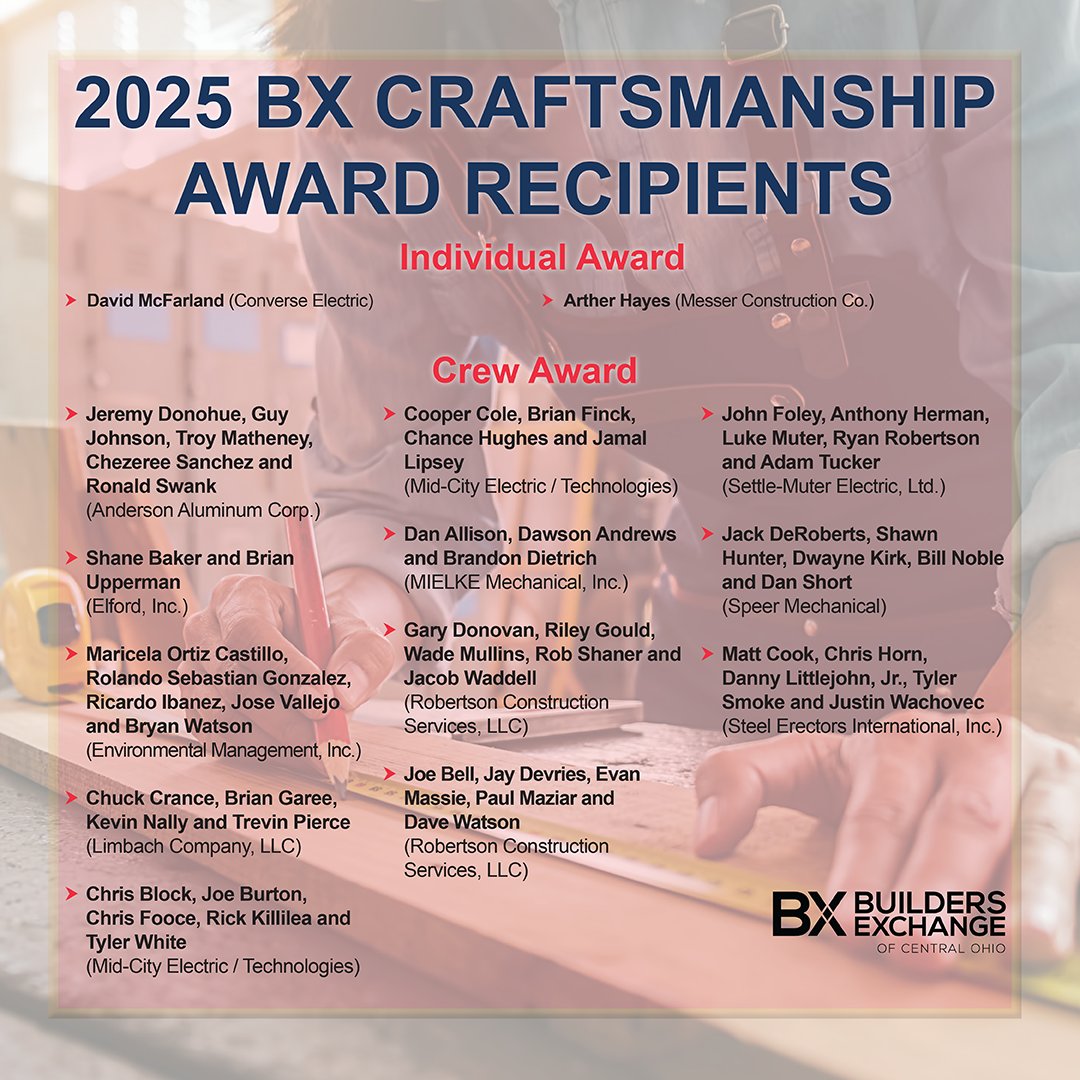 Builders Exchange (@bxofcentralohio) on Twitter photo Congratulations 2025 BX Craftsmanship Award Recipients!
Two individuals and 12 crews will be honored for their exceptional skill, expertise and artistry.
<a href="/BXofCentralOhio/">Builders Exchange</a> #Craftsmanship #SkilledTrades #Construction #Leadership #ColumbusOhio #bxcentralohio Congratulations 2025 BX Craftsmanship Award Recipients!
Two individuals and 12 crews will be honored for their exceptional skill, expertise and artistry.
<a href="/BXofCentralOhio/">Builders Exchange</a> #Craftsmanship #SkilledTrades #Construction #Leadership #ColumbusOhio #bxcentralohio
