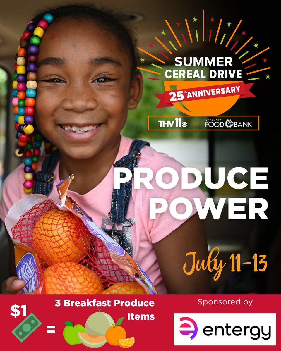 🎉 Surprise! The Summer Cereal Drive isn’t over yet — we’re back for an encore!
Produce Power, powered by <a href="/Entergy/">Entergy</a>, runs online July 11–13.
Every $1 = 3 breakfast items! 🍓🍎🍇

Give early: arkansasfoodbank.org/?form=FUNAGXYP…