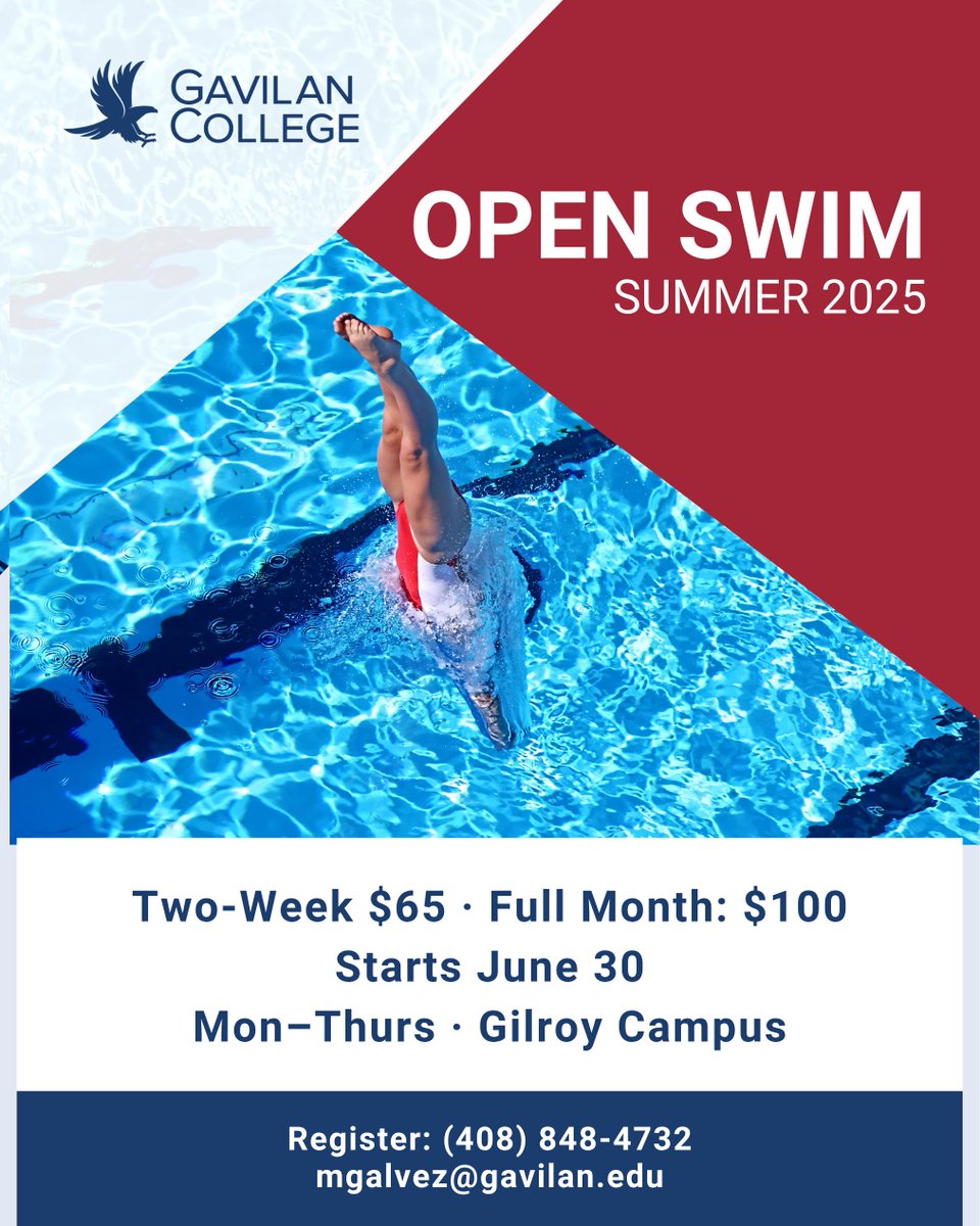 Gavilan College (@gavilancollege) on Twitter photo Summer plans? We’ve got you.
Gavilan’s Open Swim class starts has begun—low-cost, high-fun.
$65 for 2 weeks or $100 for the month.
Mon–Thurs from 2:00 pm - 5:30 pm at the Gilroy campus.
Email mgalvez@gavilan.edu to grab your spot. Summer plans? We’ve got you.
Gavilan’s Open Swim class starts has begun—low-cost, high-fun.
$65 for 2 weeks or $100 for the month.
Mon–Thurs from 2:00 pm - 5:30 pm at the Gilroy campus.
Email mgalvez@gavilan.edu to grab your spot.