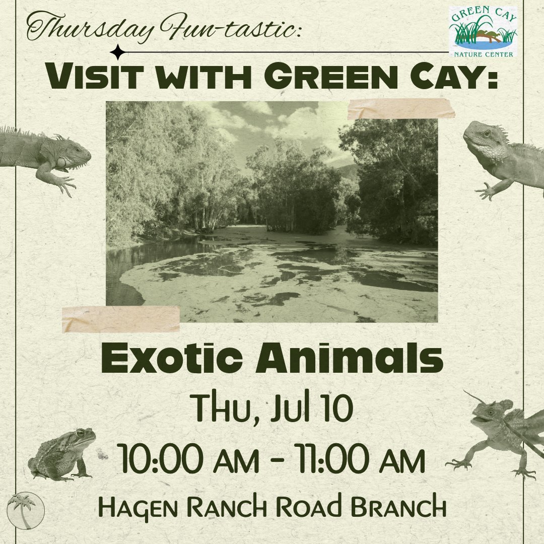 pbclibrary's tweet image. Green Cay Nature Center is bringing live animals to the Library! Get up close and personal with exotic and invasive species.
#PBCLibrary #Libray #PBC #Parks #PBCParks #Delray #Animals #Nature #STEM