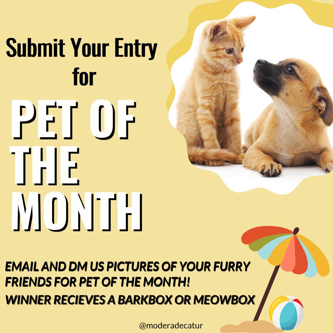 ModeraDecatur's tweet image. It’s that time of the month again! 🐾
Think your furry friend has what it takes to be our Pet of the Month? Send us your cutest pics via email or DM with your pets name, age, &amp;amp; a fun fact for a chance to win a BarkBox or MeowBox! 🐶🐱
📩 Modera Decatur

#PetOfTheMonth #Pets...