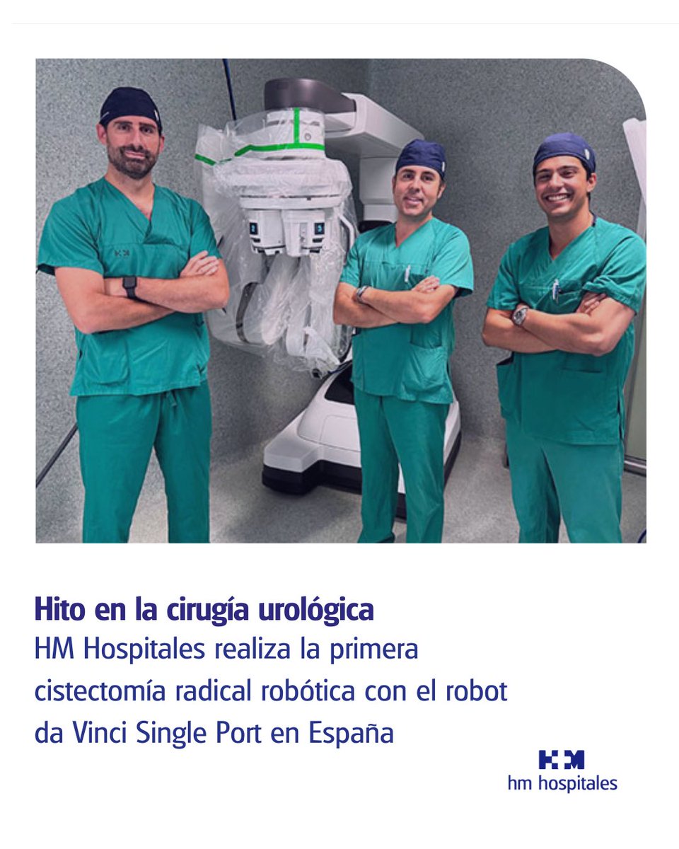 🆕  HM Hospitales marca un nuevo hito en la cirugía urológica al realizar, por primera vez en España y tercera en Europa, una cistectomía radical robótica con el sistema da Vinci Single Port.

Esta técnica pionera, aplicada en el Hospital Universitario HM Sanchinarro de la mano