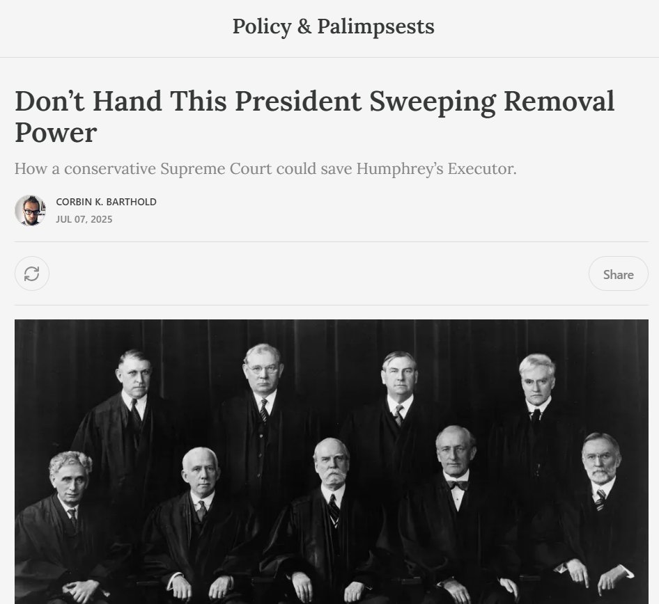 Calling all admin law geeks:

Here is my step-by-step, nuts-and-bolts guide to saving Humphrey's Executor and for-cause removal at independent agencies.

An argument even a conservative SCOTUS could get behind. (Not that they will.)