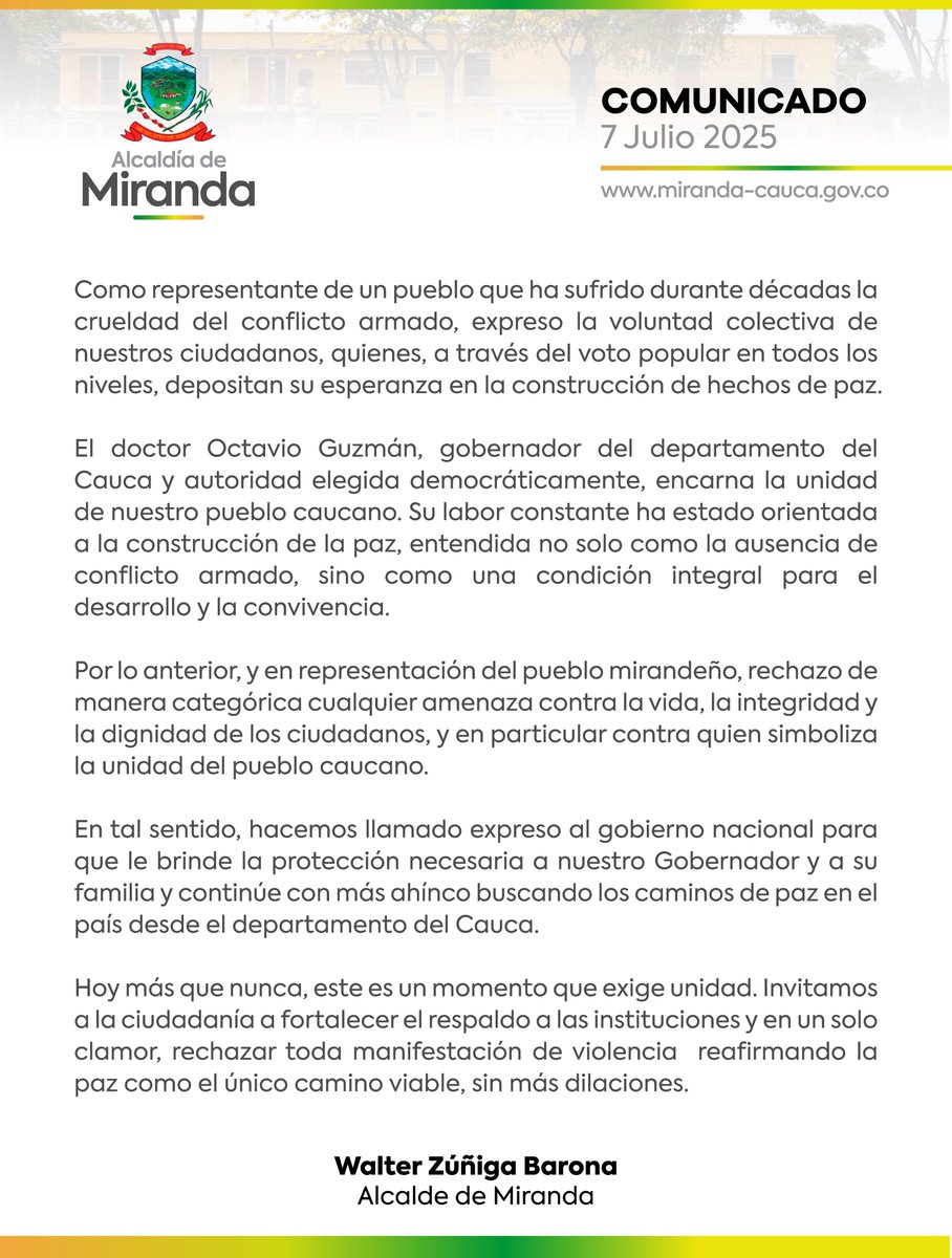 La Alcaldía de Miranda, Cauca, rechaza categóricamente amenazas contra el gobernador <a href="/OctavioGuzmanGu/">OCTAVIO GUZMÁN</a> 

Expresamos total solidaridad con su liderazgo y exigimos respeto por la vida y la institucionalidad. 

#MirandaRechazaLaViolencia #SolidaridadConElGobernador #PazParaElCauca