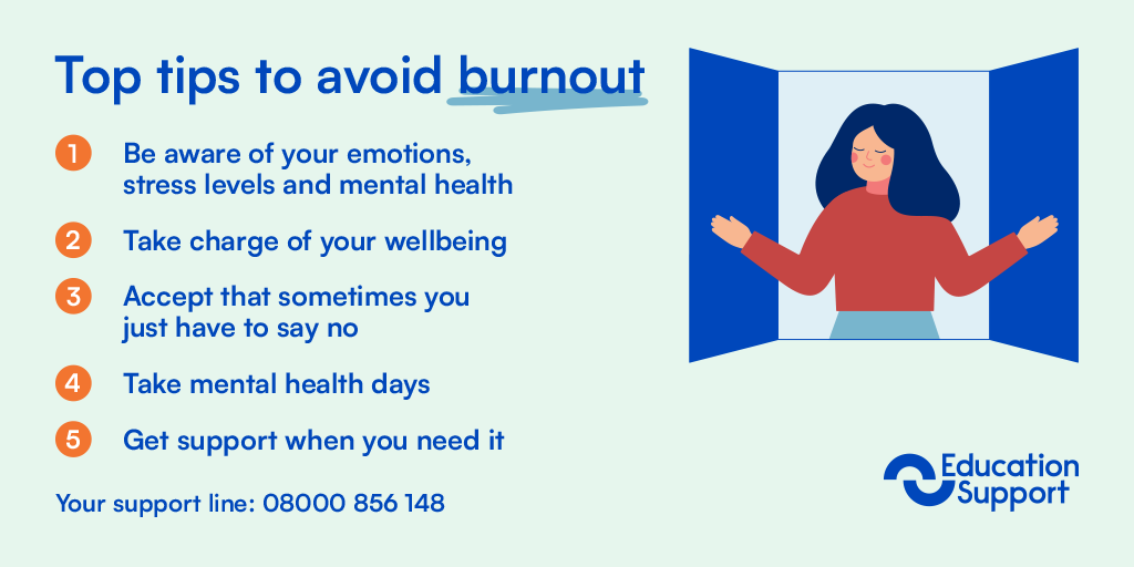 EdSupportUK's tweet image. As you draw closer to the end of the academic year, remember to look after you. Be kind to yourself, and remember - #selfcareisnotselfish 🤗

See our tips for some helpful advice to avoid burnout.

Full resource here: ow.ly/5zK050WkeXh

#TeacherWellbeing #MentalHealth