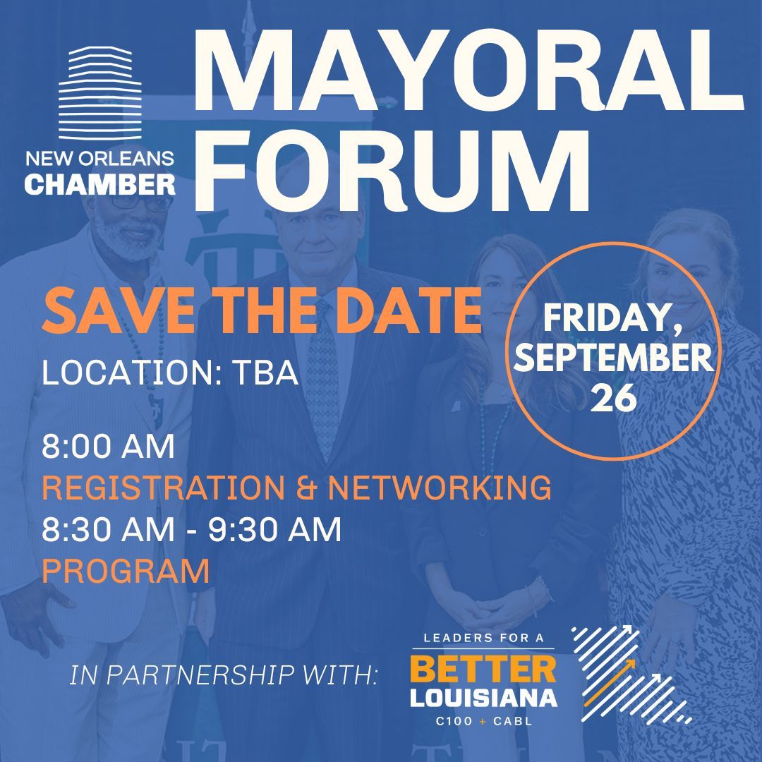 🗳️ Save the Date: New Orleans Mayoral Forum 2025!

Join us for a dynamic evening of civic engagement as mayoral candidates share their visions for the future of our city. Don’t miss this opportunity to hear directly from the leaders who will shape New Orleans tomorrow.