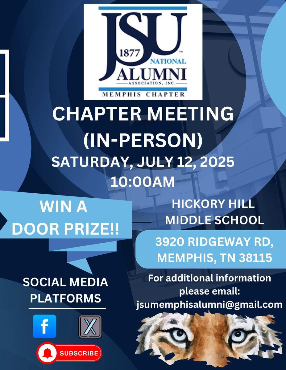 jsumemphis's tweet photo. 📣 It’s time to connect, JSU fam! Join us in person for our next JSU Memphis Alumni Chapter Meeting 🐅💙
📅 Saturday, July 12 | ⏰ 10AM
📍 Hickory Hill Middle School
✨ Door prize up for grabs!
#JSUMemphis #TigerPride #JSUAlumni #HBCUStrong https://t.co/beDS2GaRzX