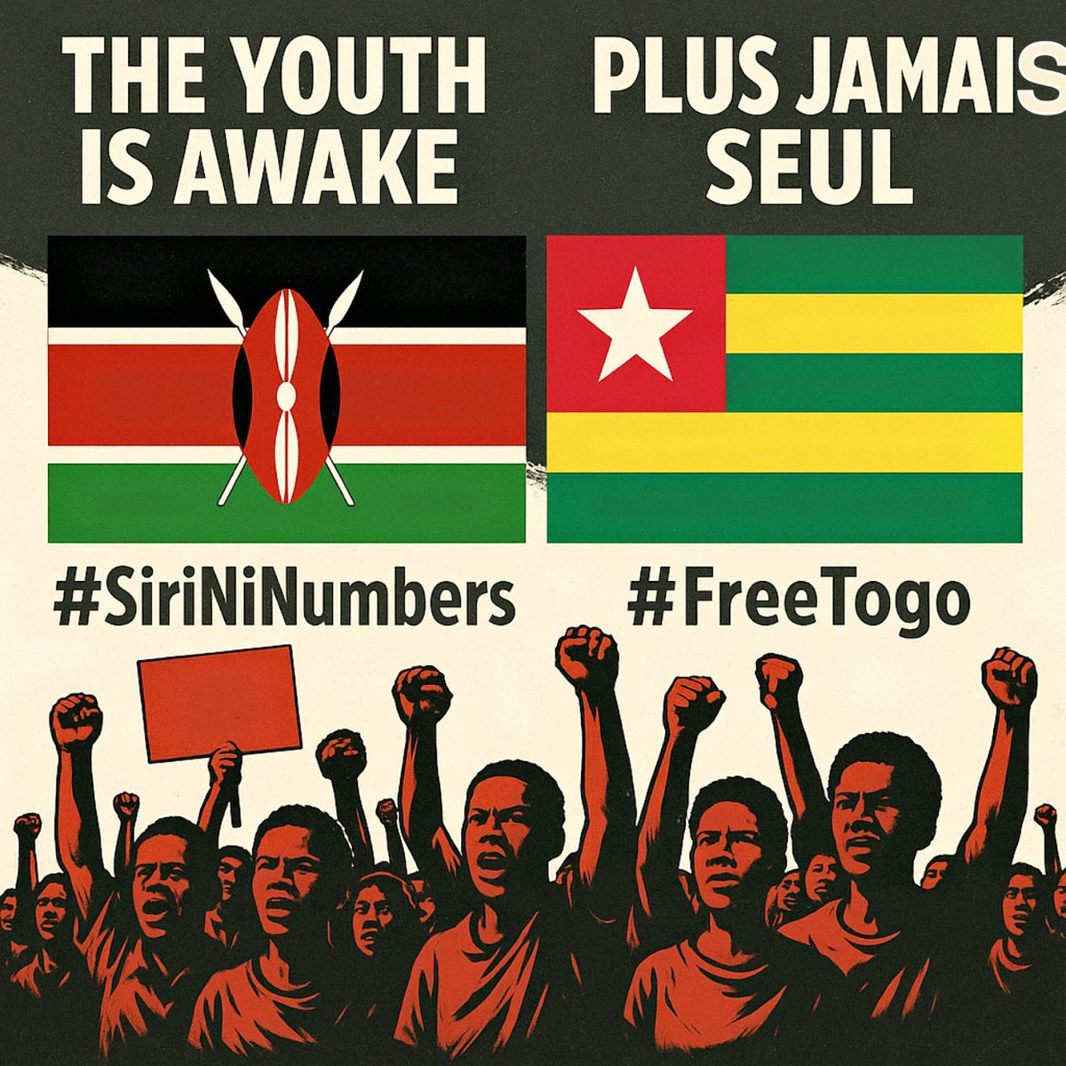 From Togo to Kenya, one truth echoes:
Our lives matter more than your power.

You tried to silence us. We multiplied.

✊🏾 Youths are rising. Across Africa.
#SiriNiNumbers #FreeTogo #FaureWillGo #FaureMustGo