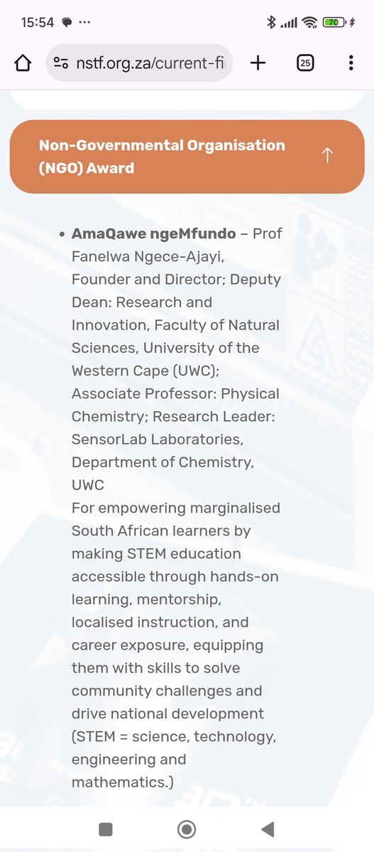 Thank you <a href="/NSTF_SA/">NSTF🇿🇦</a> awards for the recognition of the work we do at AmaQawe ngeMfundo. I appreciate the support from the University of the Western that allows me to thrive in this work. Friends and family; I'm grateful to you as well for the support.
uwc.ac.za/news-and-annou…