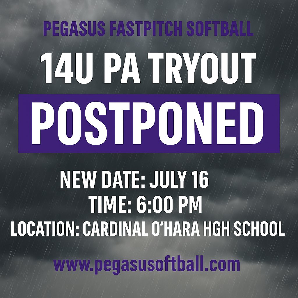 📣 IMPORTANT TRYOUT UPDATE – 14U PA TEAM 📣
Due to anticipated bad weather, tonight’s 14U PA tryout originally scheduled for 6:00 PM at Cardinal O'Hara High School has been POSTPONED.

🗓️ New Date: Wednesday, July 16
🕕 Time: 6:00 PM
📍 Location: Cardinal O'Hara High School