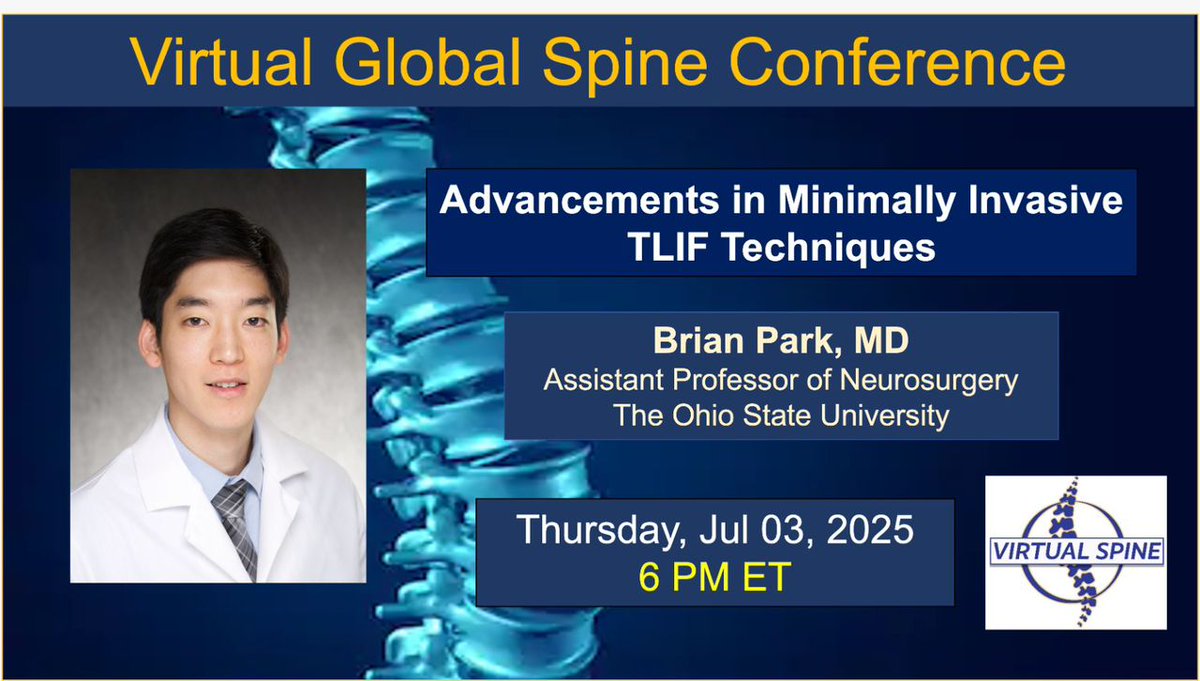 virtualspine's tweet image. Missed the session with Dr. Brian Park on Minimally Invasive #TLIF Techniques? The recording is now available on our YouTube channel!
▶️ Watch here: youtube.com/watch?v=jW-3kn…
#SpineSurgery #Neurosurgery #Spine #MIS #OrthoSpine #NeuroTwitter #MedEd