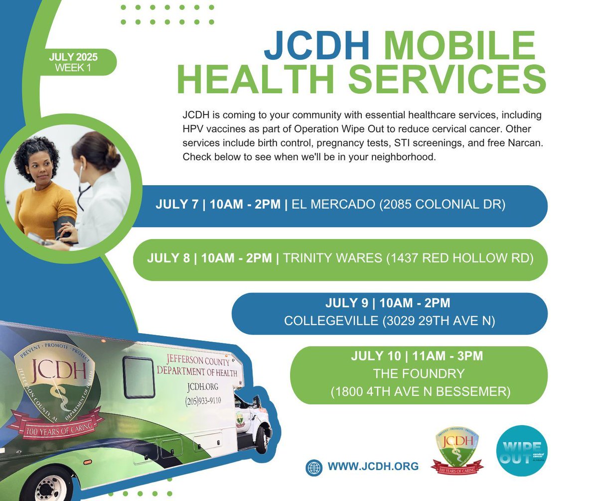 🚐✨ The JCDH Mobile Health Unit is coming to your area, bringing essential medical services. As part of Operation WIPE OUT, we're fighting cervical cancer with HPV vaccines. We also provide birth control, pregnancy tests, STI checks, and free Narcan.