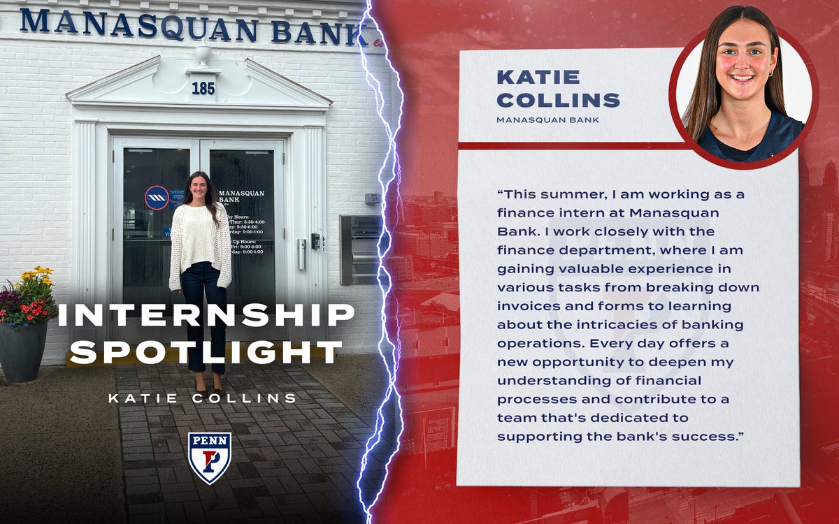 PennWBB's tweet image. 𝗜𝗡𝗧𝗘𝗥𝗡𝗦𝗛𝗜𝗣 𝗦𝗣𝗢𝗧𝗟𝗜𝗚𝗛𝗧  🏦💰

We think it&apos;s safe to say she&apos;s making 𝘤𝘦𝘯𝘵𝘴 of it all this summer! 😉

Rising sophomore Katie Collins is diving into the world of finance as a summer intern with @ManasquanBank.

#FightOnPenn