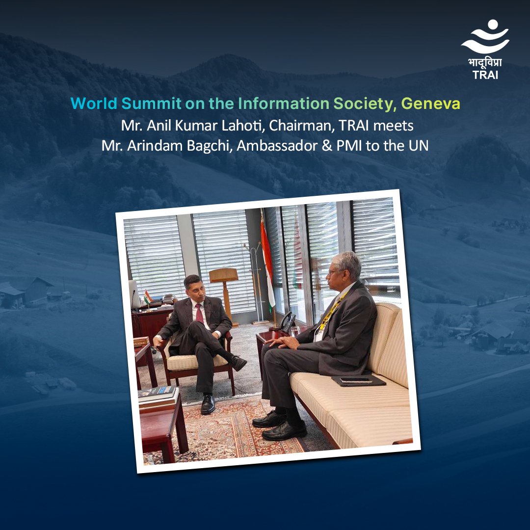 At #WSIS25 in Geneva, Mr. Anil Kumar Lahoti, Chairman, #TRAI, met Mr. Arindam Bagchi, Ambassador &amp; PMI to the UN. They discussed shared interests in inclusive, secure digital governance and global telecom policy collaboration.
#TelecomPolicy #WSIS25