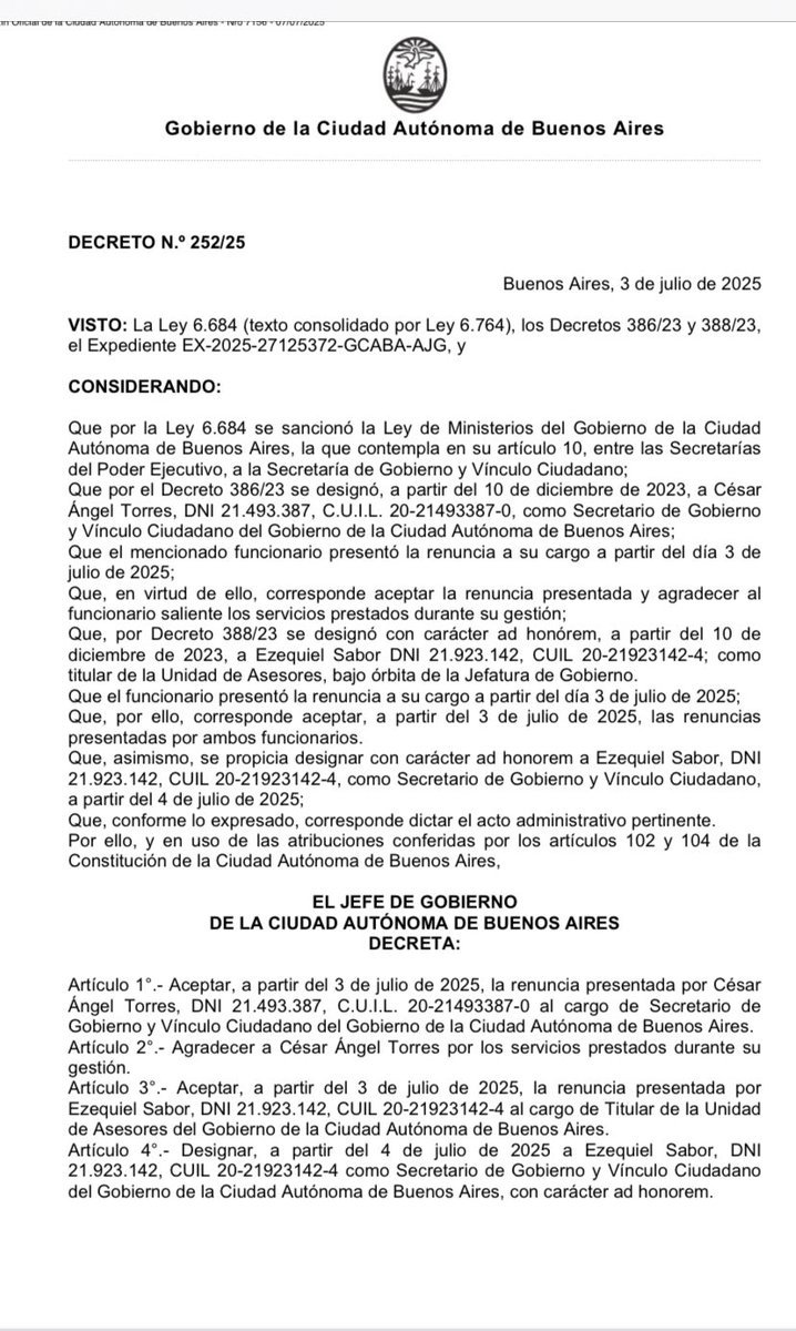 Seria bueno qué los cambios sean de manera prolija .Nombrar a un Secretario de Gobierno encargado del vínculo con la Ciudadania no puede ser Ad honorem.
El Secretario Sabor debe renunciar al Directorio del Banco Ciudad ,no se puede ejercer 2 cargos en la Ciudad ….
