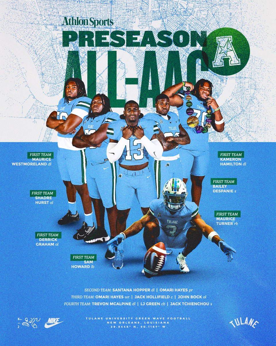 GreenWaveFB's tweet image. Pre-Season All-AAC honors from Athlon Sports ⬇️
#UptownFootball