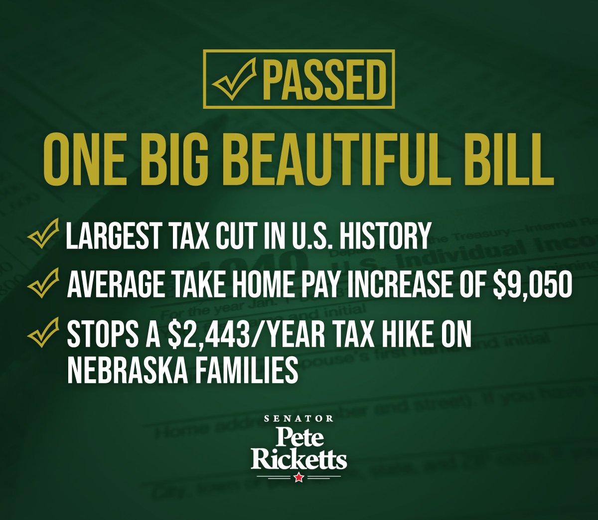 PeteRicketts's tweet image. Without renewing the 2017 Trump tax cuts, Nebraskans faced a massive tax hike. The One Big Beautiful Bill stops that tax hike while increasing take-home pay.
I'm proud to support this legislation that allows Nebraska families to keep more of their hard-earned income.