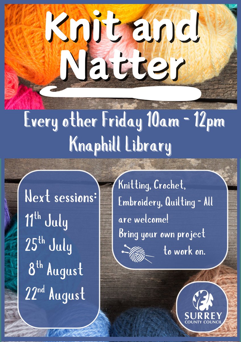 Knaphill Library (@knaphilllib) on Twitter photo Pop along this Friday at 10am for our first Knit and Natter session π§Ά
Bring your own project, regardless of the technique and get chatting!
Can't wait to see you there β€οΈ
<a href="/SurreyLibraries/">Surrey Libraries UK</a> Pop along this Friday at 10am for our first Knit and Natter session π§Ά
Bring your own project, regardless of the technique and get chatting!
Can't wait to see you there β€οΈ
<a href="/SurreyLibraries/">Surrey Libraries UK</a>
