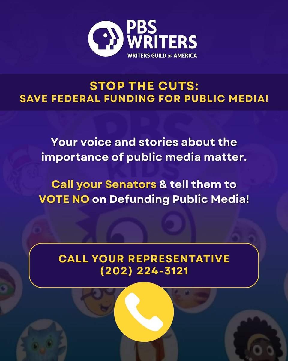 WGAEast's tweet image. This week, the Senate will vote on the Rescissions Act of 2025, which aims to cut all current federal funding for public media.
We urge you to take action now to help save public media. Hear from some of our impacted members below and call your senators TODAY!