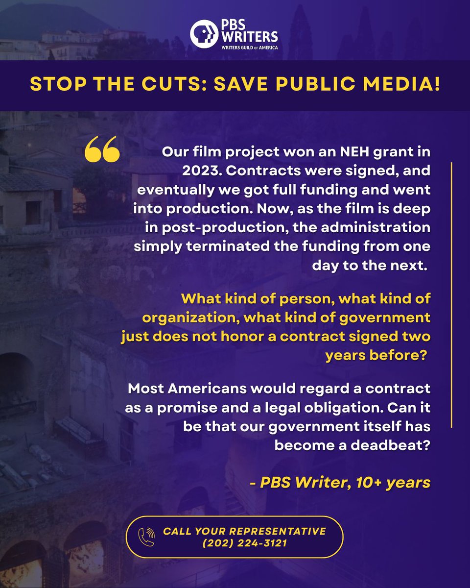 WGAEast's tweet image. This week, the Senate will vote on the Rescissions Act of 2025, which aims to cut all current federal funding for public media.
We urge you to take action now to help save public media. Hear from some of our impacted members below and call your senators TODAY!