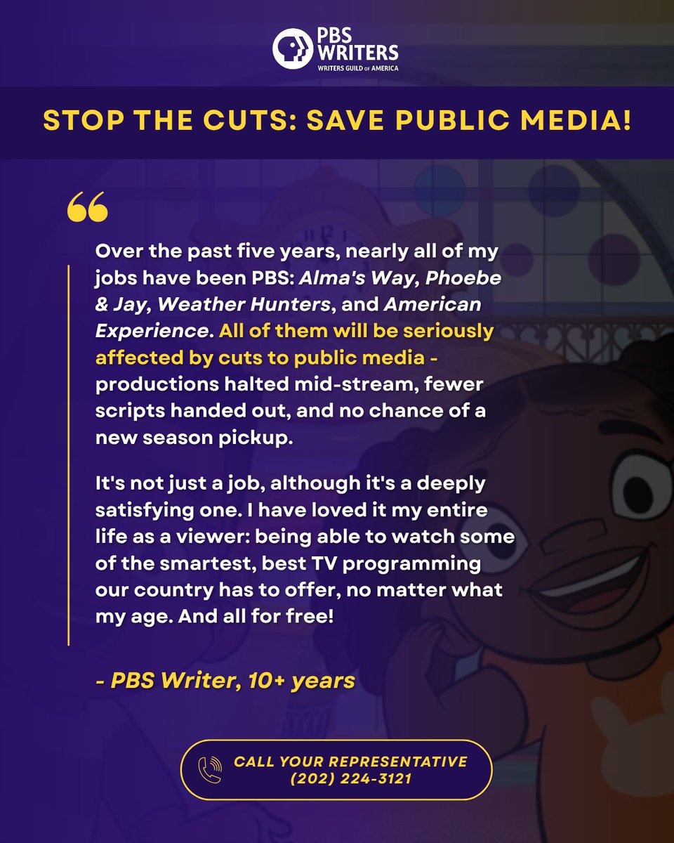 WGAEast's tweet image. This week, the Senate will vote on the Rescissions Act of 2025, which aims to cut all current federal funding for public media.
We urge you to take action now to help save public media. Hear from some of our impacted members below and call your senators TODAY!