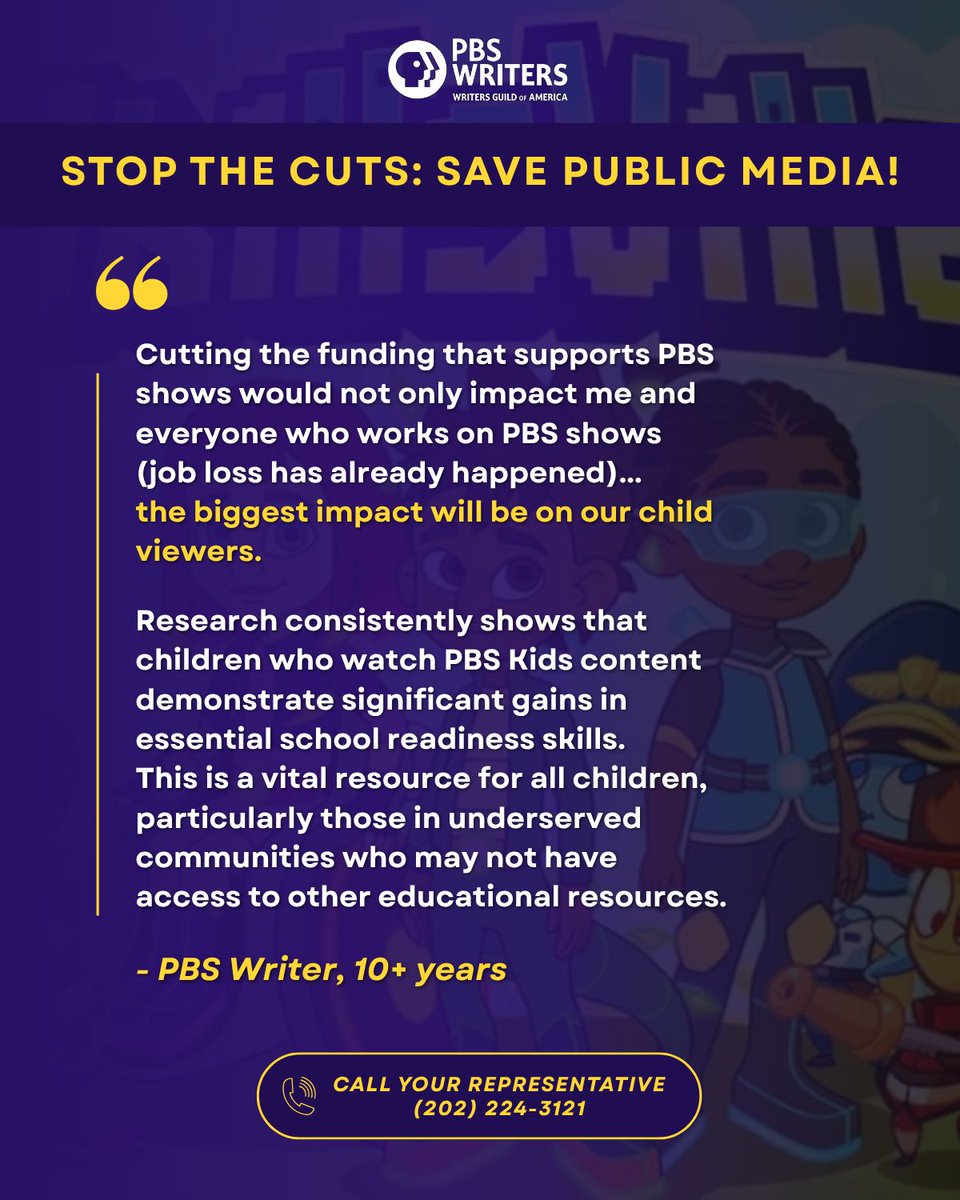 WGAEast's tweet image. This week, the Senate will vote on the Rescissions Act of 2025, which aims to cut all current federal funding for public media.
We urge you to take action now to help save public media. Hear from some of our impacted members below and call your senators TODAY!