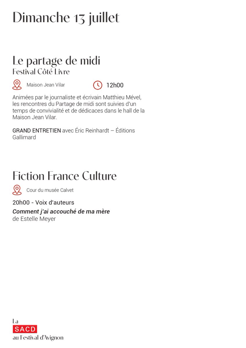 SACDParis's tweet image. #avignon
A ne pas manquer demain dimanche au Festival d'Avignon l'événement SACD x @franceculture 𝐕𝐨𝐢𝐱 𝐝'𝐚𝐮𝐭𝐞𝐮𝐫𝐬 avec un texte inédit d'𝐄𝐬𝐭𝐞𝐥𝐥𝐞 𝐌𝐞𝐲𝐞𝐫.
⬇️⬇️Le programme complet ⬇️⬇️