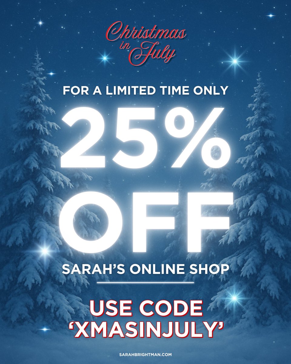 SarahBrightman's tweet image. The magic of Christmas in July begins today…
To celebrate, we’re unwrapping the first festive treat - enjoy a sparkling 25% OFF everything in Sarah Brightman’s official online shop! ✨
But hurry… this offer ends 31st July!
🔗 Store.sarahbrightman.com