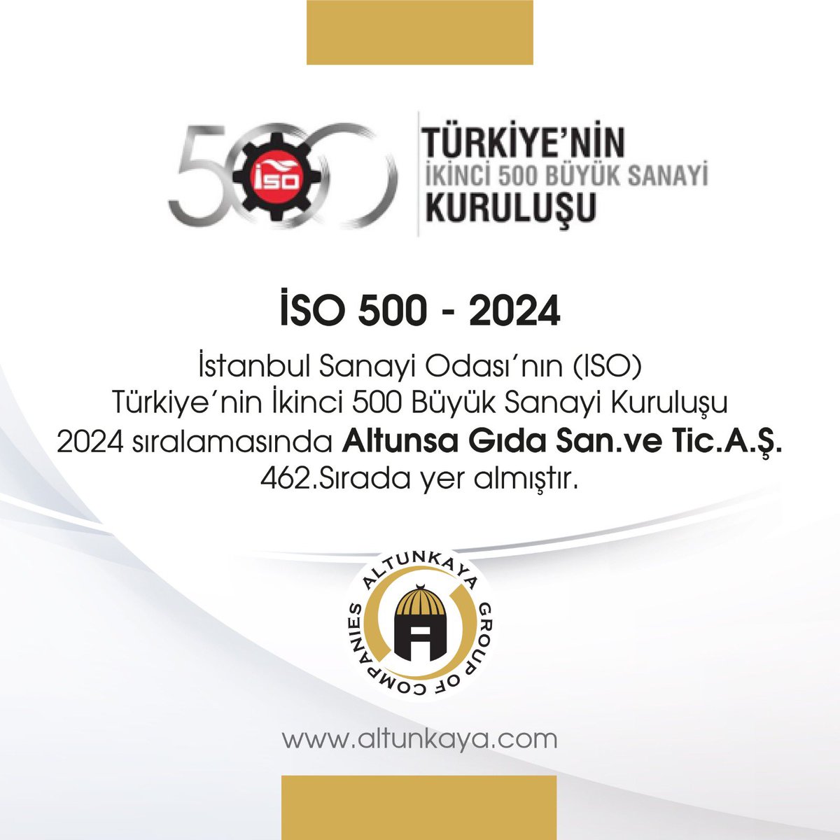 altunkayaglobal's tweet photo. Grup şirketlerimizden Altunsa Gıda San. ve Tic. A.Ş. Türkiye’nin lider 500 büyük sanayi kuruluşu sıralaması olan İSO İkinci 500 listesinde 462. sırada yerini aldı.🏆

#altunkaya #altunsa #iso500  #isoikinci500 https://t.co/4Zjin6K4vO