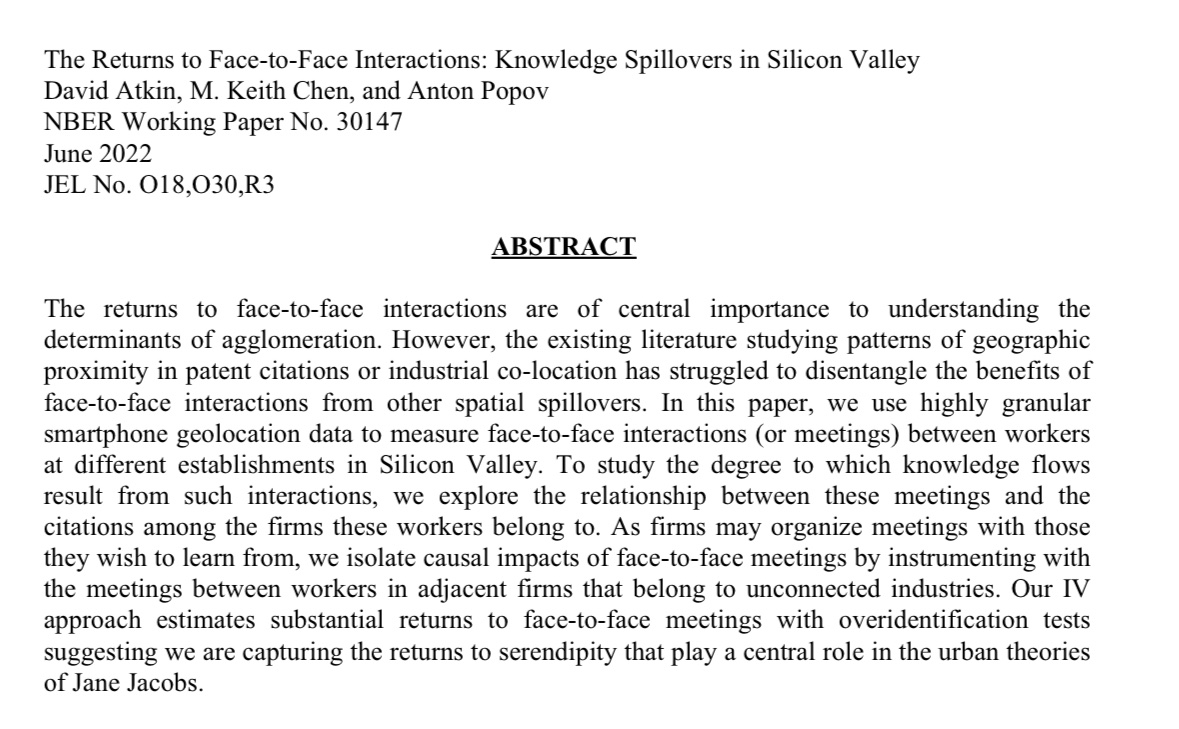 Until recently, the transmission of knowledge has been a total black box for economists. We are sure that there are positive spillovers, but we have never been able to show this — until now. Using cell phone data, we can show how chance meetings lead to patents. 1/