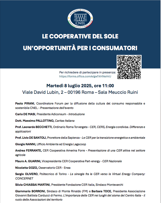 adiconsum's tweet photo. 📍Domani il Presidente #Adiconsum Carlo De Masi introduce i lavori del Convegno "Le Cooperative del sole. Un'opportunità per i consumatori"
🗓️#8luglio ⏰ore 11.00 🌏#Roma Viale David Lubin 2 - CNEL - Sala Meuccio Ruini
https://t.co/YAu9nfFlZe
#CER #CERS #Energia #decarbonizzazione #transizione