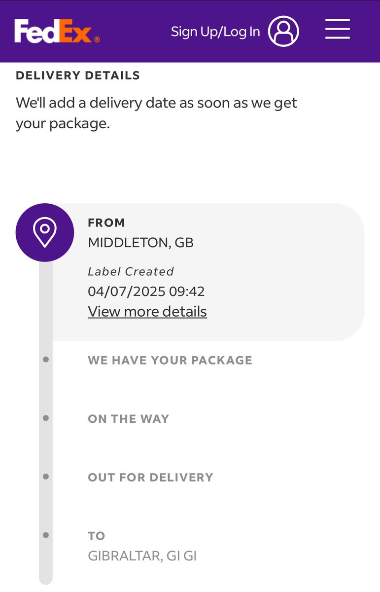 sproates's tweet photo. @joel_gradwell ‘Shipped’ but FedEx don’t have it yet 🤷🏻‍♂️ That’s not getting here today or even this week probably https://t.co/fMkmEdfPII