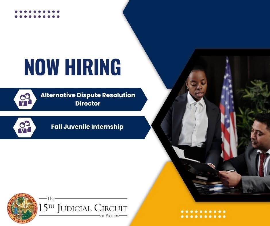 We have new employment and internship opportunities available in the Fifteenth Judicial Circuit.

- Alternative Dispute Resolution Directior
- Fall Juvenile Internship

For more information on these positions and to apply, visit: governmentjobs.com/careers/15thci…
