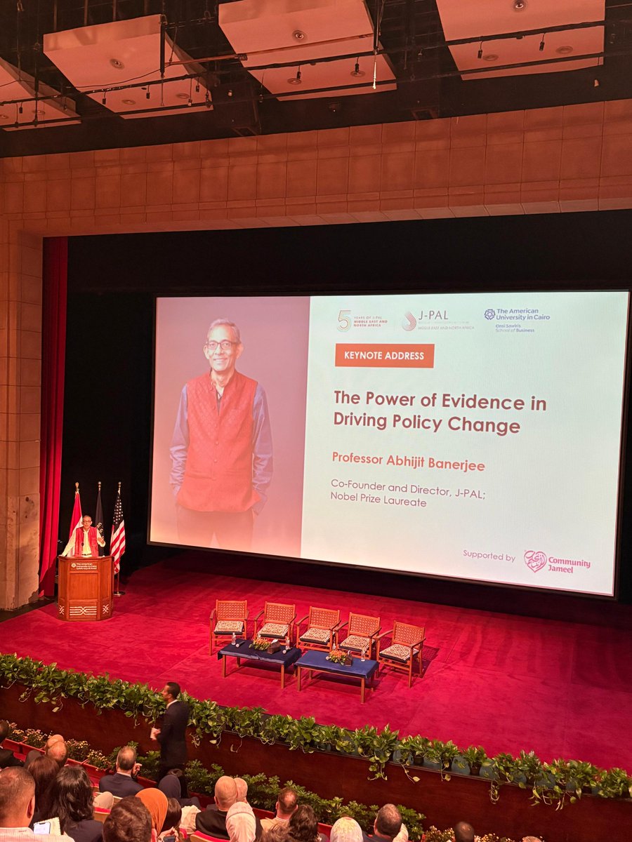 AUC Onsi Sawiris School of Business (@auc_business) on Twitter photo At J-PAL MENA’s 5-Year Anniversary, Prof. Abhijit Banerjee shared lessons for policy change: evidence matters, small actions scale, support the vulnerable, experiment boldly and collaborate to turn research into action.
<a href="/JPAL_MENA/">J-PAL MENA</a>
#JPALMENA #JPALMENAat5 At J-PAL MENA’s 5-Year Anniversary, Prof. Abhijit Banerjee shared lessons for policy change: evidence matters, small actions scale, support the vulnerable, experiment boldly and collaborate to turn research into action.
<a href="/JPAL_MENA/">J-PAL MENA</a>
#JPALMENA #JPALMENAat5
