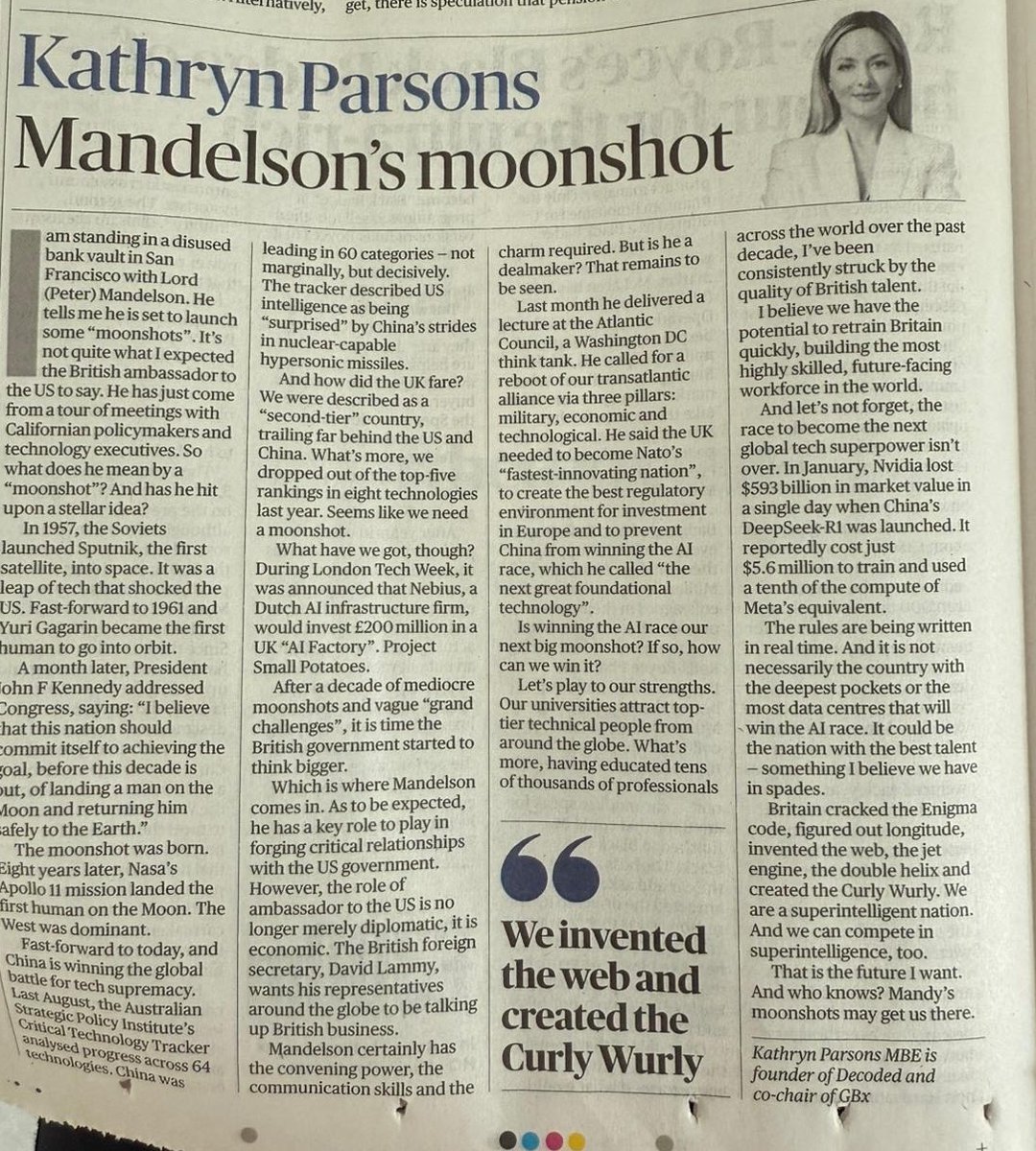 Our Co-Chair <a href="/KathrynParsons/">Kathryn Parsons</a>’ latest article in <a href="/thetimes/">The Times and The Sunday Times</a> highlights a GBx moment: 

<a href="/MarkCharkin/">Mark Charkin</a>, <a href="/juliangreensf/">Julian Green</a>, Kathryn, and the British Ambassador to the US, in a disused SF bank vault, plotting future British AI moonshots powered by the UK’s unmatched tech talent 🌙💉

🇬🇧👏