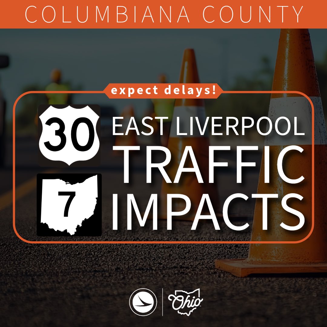 ODOT_EasternOH's tweet image. Starting Tuesday, July 8, expect delays on U.S. 30 near the U.S. 30/SR 7 interchange in East Liverpool while the contractor utilizes temporary stoppages to remove the existing bridge deck from the overhead 9th Street Bridge. Work hours are 7 a.m. to 4:30 p.m., through July 11.