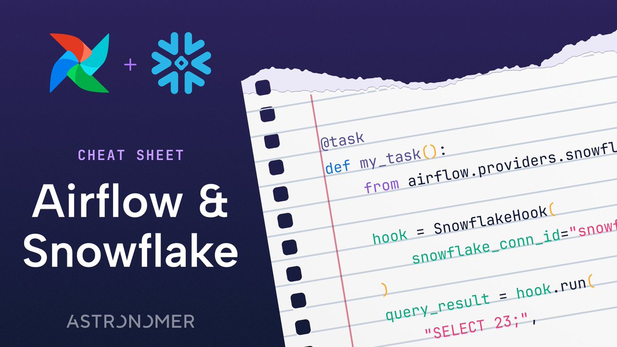 astronomerio's tweet image. ❄️ Using #ApacheAirflow to orchestrate @Snowflake queries?
📄 Reference this technical cheat sheet for tips and code examples to get the most out of using #Airflow and Snowflake together.
You'll learn:
🔓 How to define a Snowflake Airflow connection using key-pair…