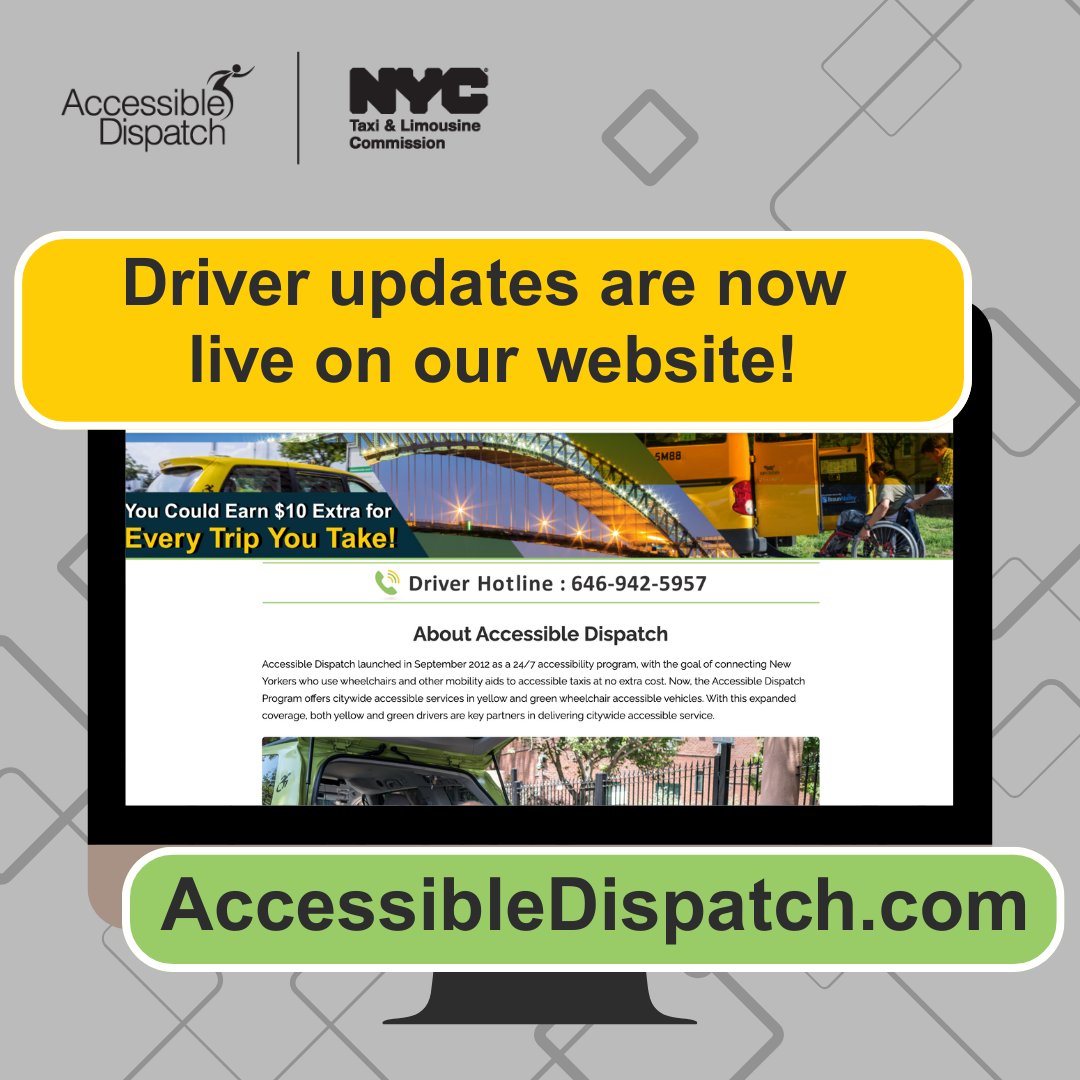 nycaccessible's tweet image. 🚖 Our website just got an update!

We’ve added important updates about new @nyctaxi policy changes that affect accessible taxi drivers.

Stay informed—stay ahead—and make the most of every trip.

🔗 Check it out: accessibledispatch.com/driver-faq/