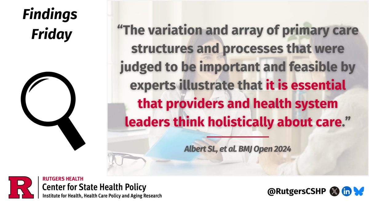 This week’s #FindingsFriday insight comes from a 2024 <a href="/BMJ_Open/">BMJ_Open</a> article co-authored by CSHP/@RutgersIFH Associate Research Professor <a href="/Ann_M_Nguyen/">Dr. Ann M. Nguyen</a>.

The paper identifies structures and processes in #primarycare that support #chronicdisease management: go.rutgers.edu/75re8m7o