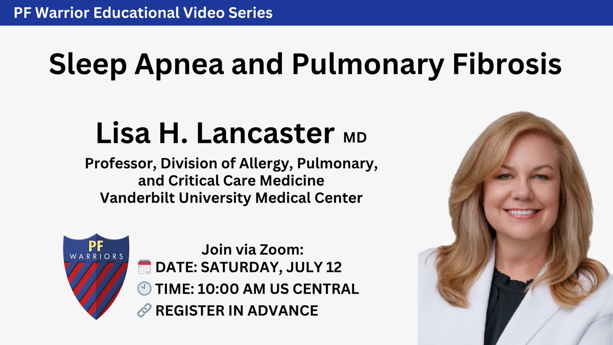 PFWarrior's tweet image. We’re thrilled to welcome Lisa Lancaster, MD, to our monthly PF Warriors educational meeting to lead a session on sleep apnea and pulmonary fibrosis, and answer your questions in a live Q&A.
🗓️ Friday, July 12 at 10am CT
🔗 Save your spot: bit.ly/PFWJUL2025