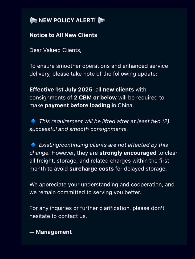 Heads up! 📦
To serve you better, we’ve made a small change for new clients with small consignments.
Click to read more ➡️
#AliviarCargo #PolicyUpdate