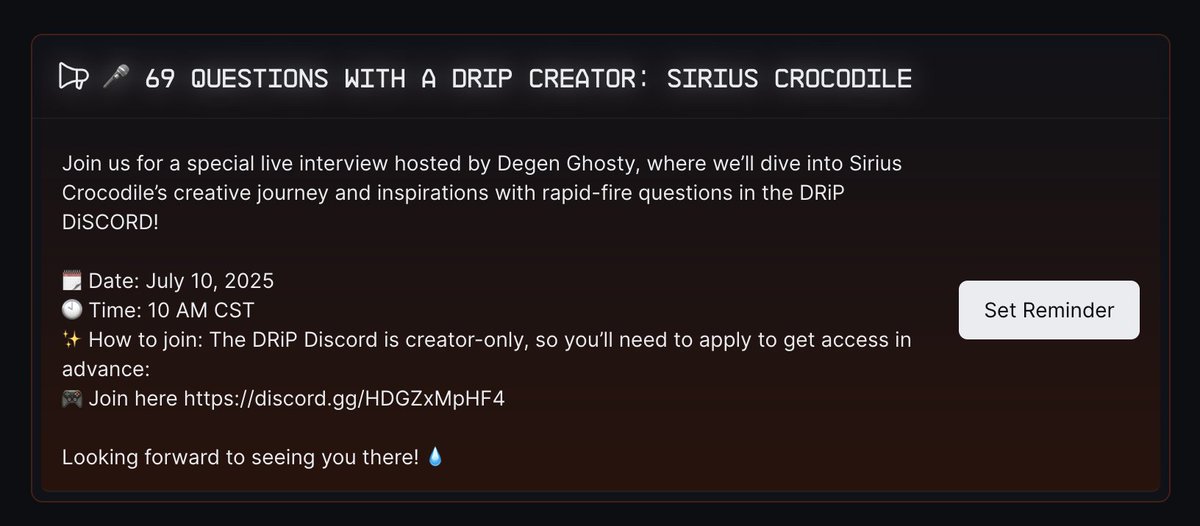 degen ghosty (@degenghosty) on Twitter photo GM CREATORS!
Have you noticed our bulletin board in Creator Studio??
I'm excited to utilize this tool to help spread the word about special events that I'll be planning in the DRiP Discord!
See you there THIS THURSDAY for our first 69 Questions segment w/ <a href="/siriuscrocodile/">Sirius Crocodile</a> GM CREATORS!
Have you noticed our bulletin board in Creator Studio??
I'm excited to utilize this tool to help spread the word about special events that I'll be planning in the DRiP Discord!
See you there THIS THURSDAY for our first 69 Questions segment w/ <a href="/siriuscrocodile/">Sirius Crocodile</a>